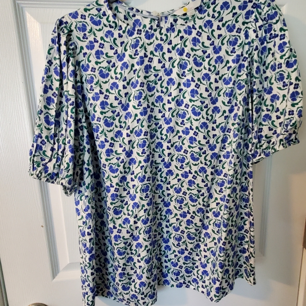 Boden Blue and Green Puff Sleeve Blouse